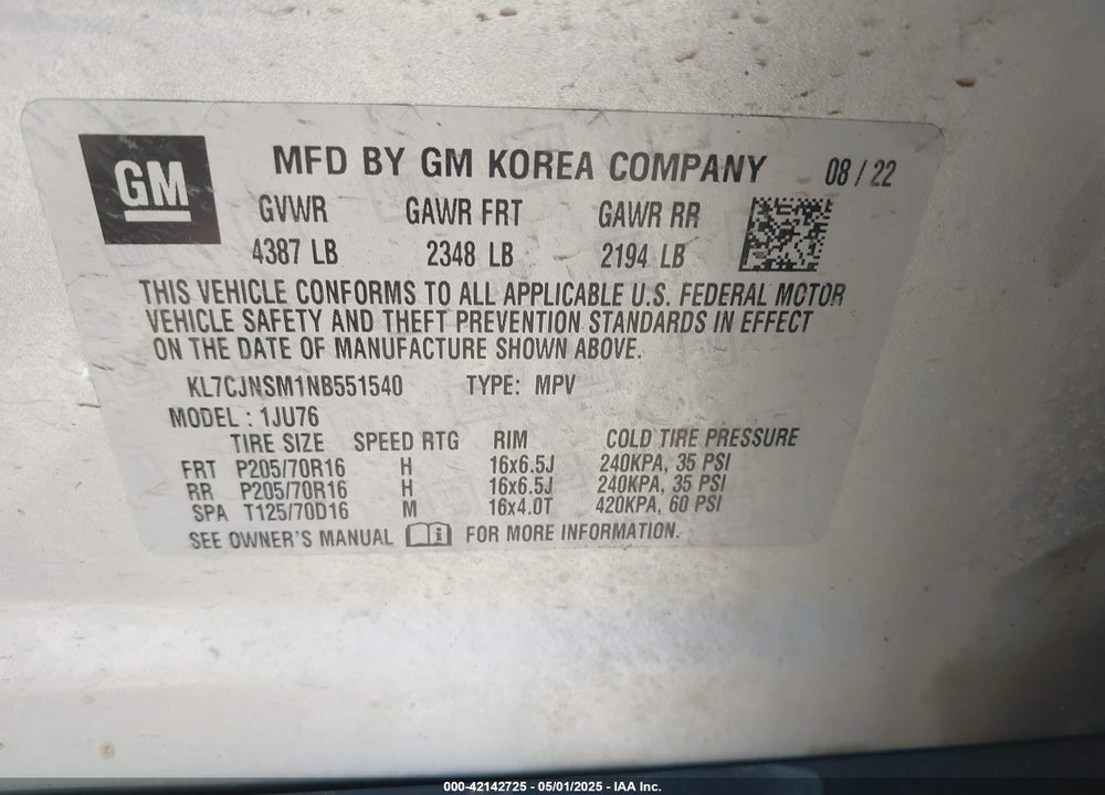 2022 CHEVROLET TRAX VIN: KL7CJNSM1NB551540