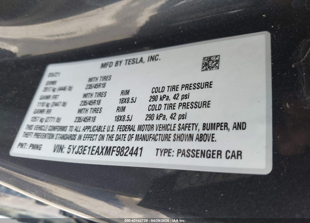 2021 TESLA MODEL 3 VIN: 5YJ3E1EAXMF982441