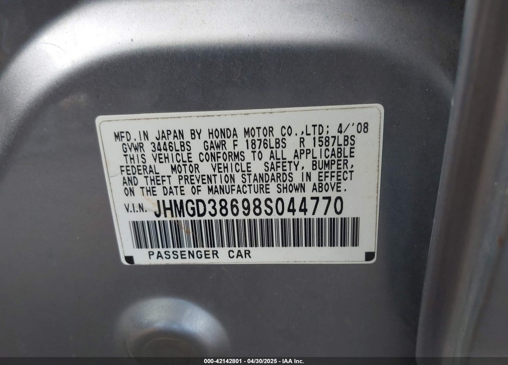 2008 HONDA FIT SPORT VIN: JHMGD38698S044770