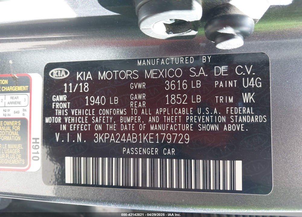 2019 KIA RIO S VIN: 3KPA24AB1KE179729