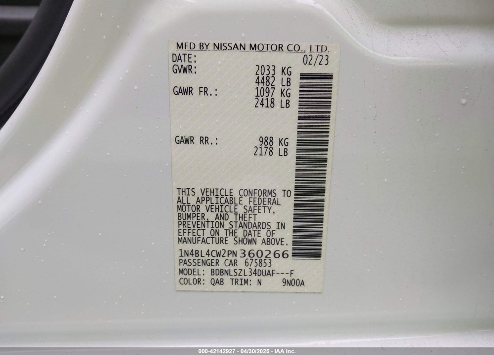 2023 NISSAN ALTIMA VIN: 1N4BL4CW2PN360266