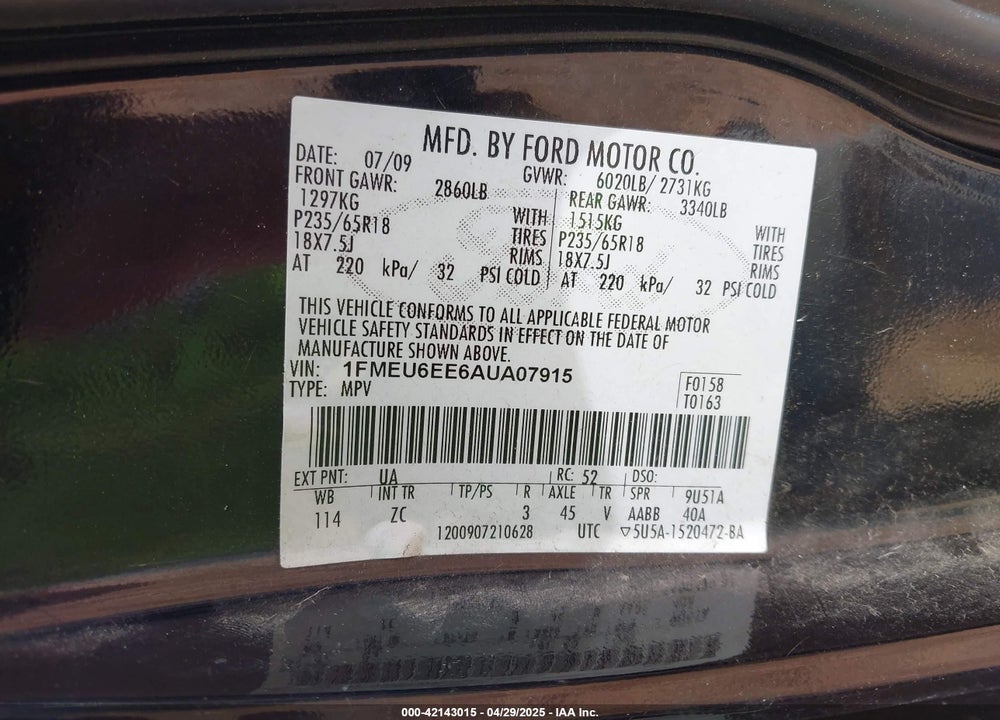 2010 FORD EXPLORER VIN: 1FMEU6EE6AUA07915