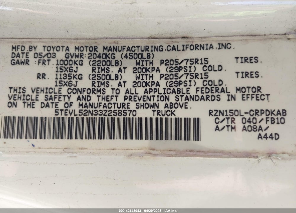 2003 TOYOTA TACOMA VIN: 5TEVL52N33Z258570