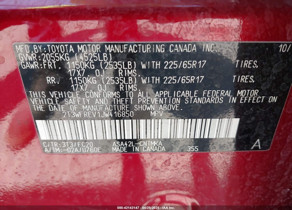2018 TOYOTA RAV4 VIN: 2T3WFREV1JW416850