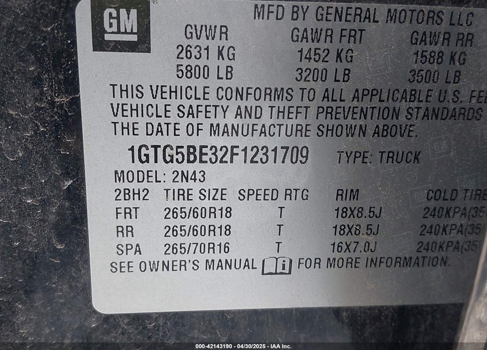 2015 GMC CANYON VIN: 1GTG5BE32F1231709