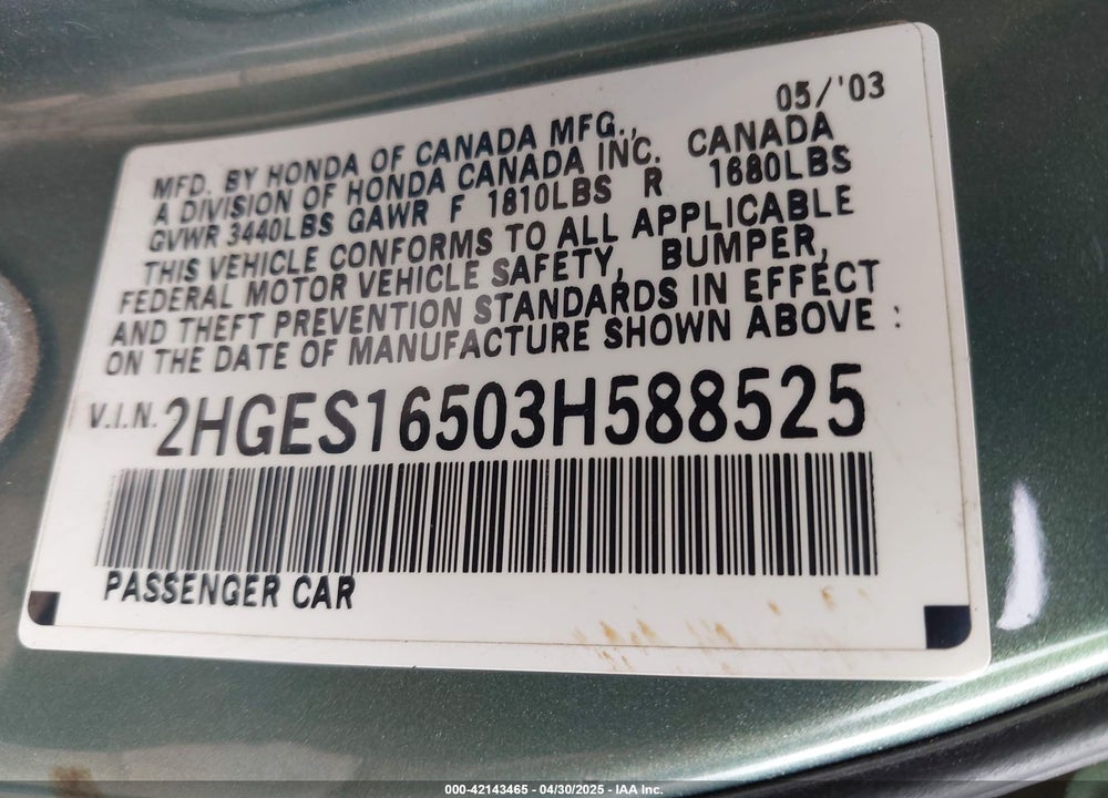 2003 HONDA CIVIC LX VIN: 2HGES16503H588525
