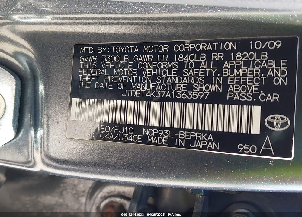 2010 TOYOTA YARIS VIN: JTDBT4K37A1363597