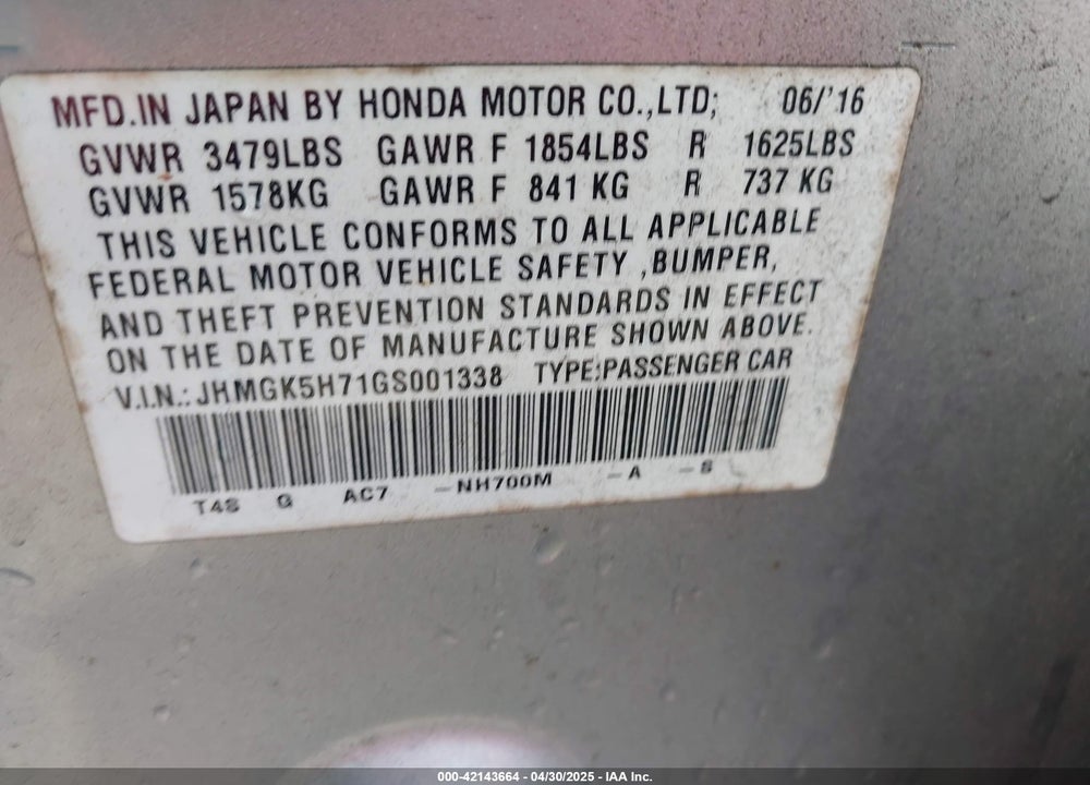 2016 HONDA FIT VIN: JHMGK5H71GS001338