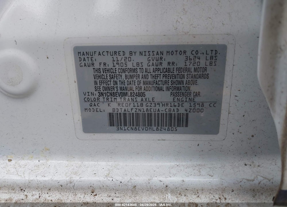 2021 NISSAN VERSA VIN: 3N1CN8EV0ML824805