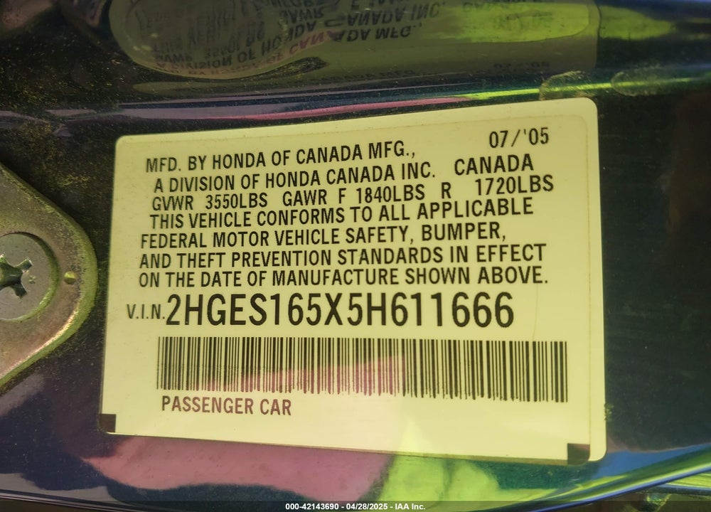 2005 HONDA CIVIC LX VIN: 2HGES165X5H611666