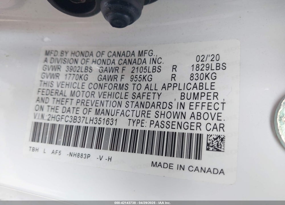 2020 HONDA CIVIC EX VIN: 2HGFC3B37LH351631