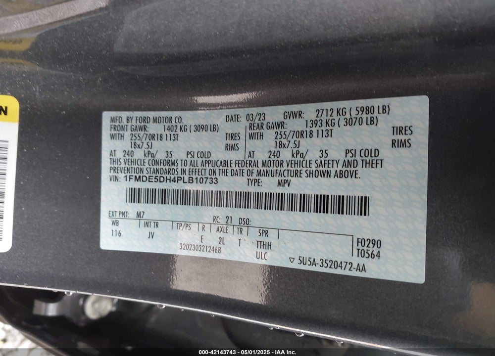 2023 FORD BRONCO VIN: 1FMDE5DH4PLB10733