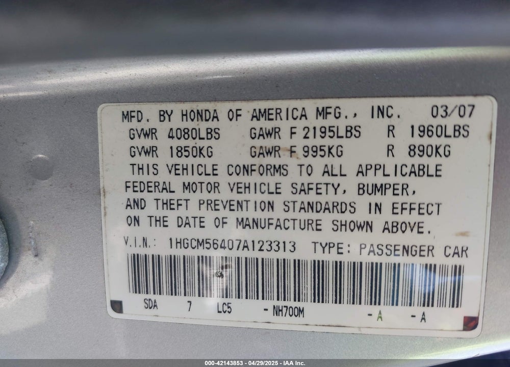 2007 HONDA ACCORD 2.4 LX VIN: 1HGCM56407A123313