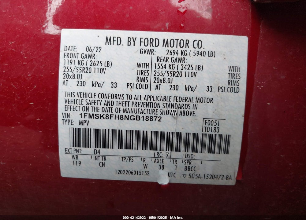 2022 FORD EXPLORER VIN: 1FMSK8FH8NGB18872
