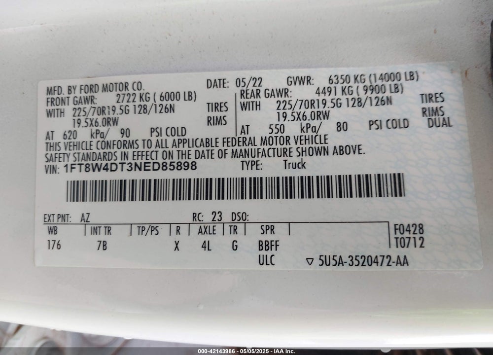 2022 FORD F-450 PLATINUM VIN: 1FT8W4DT3NED85898