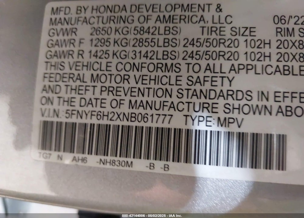 2022 HONDA PILOT VIN: 5FNYF6H2XNB061777