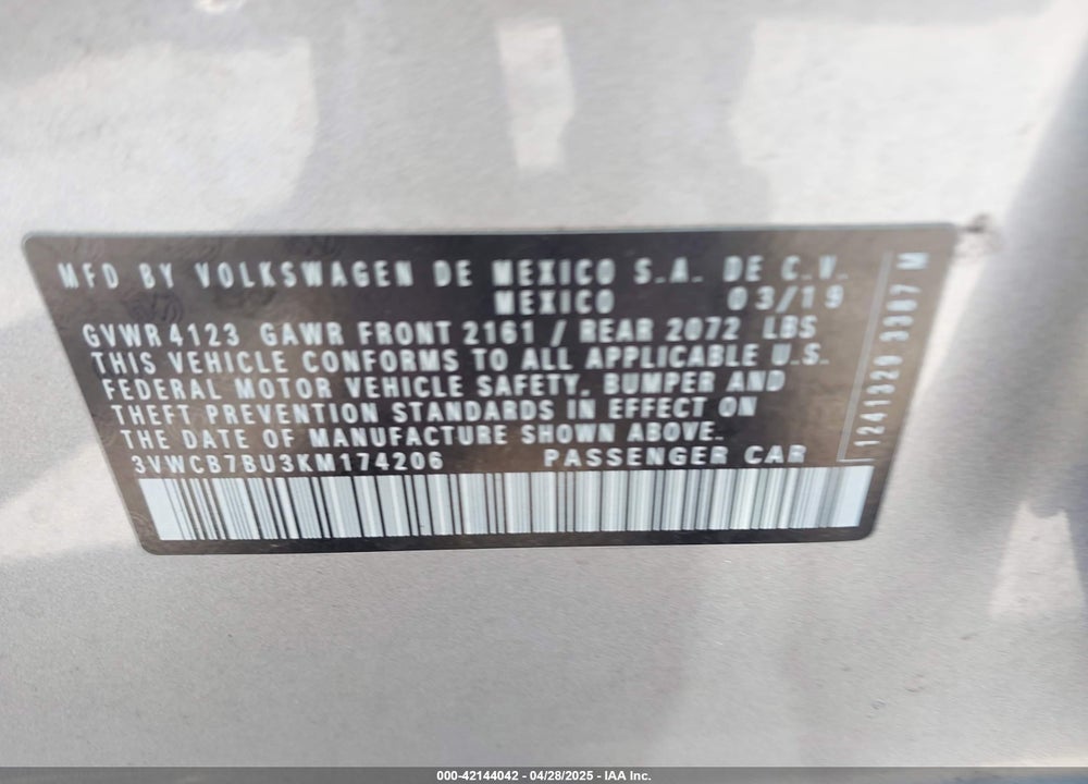 2019 VOLKSWAGEN JETTA VIN: 3VWCB7BU3KM174206