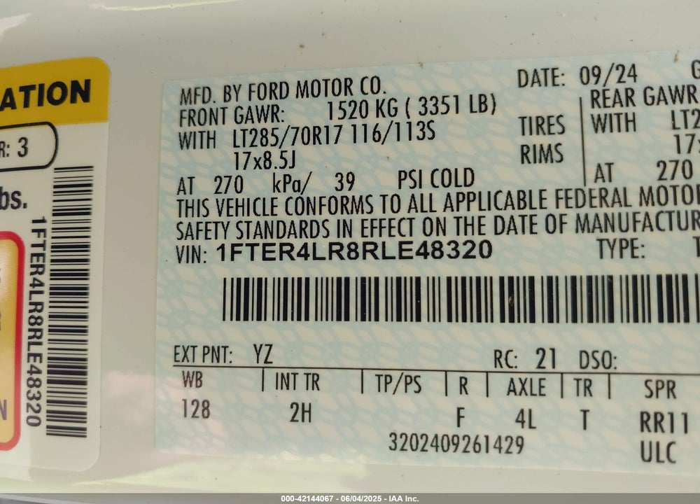 2024 FORD RANGER RAPTOR VIN: 1FTER4LR8RLE48320