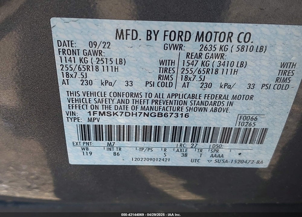 2022 FORD EXPLORER XLT VIN: 1FMSK7DH7NGB67316