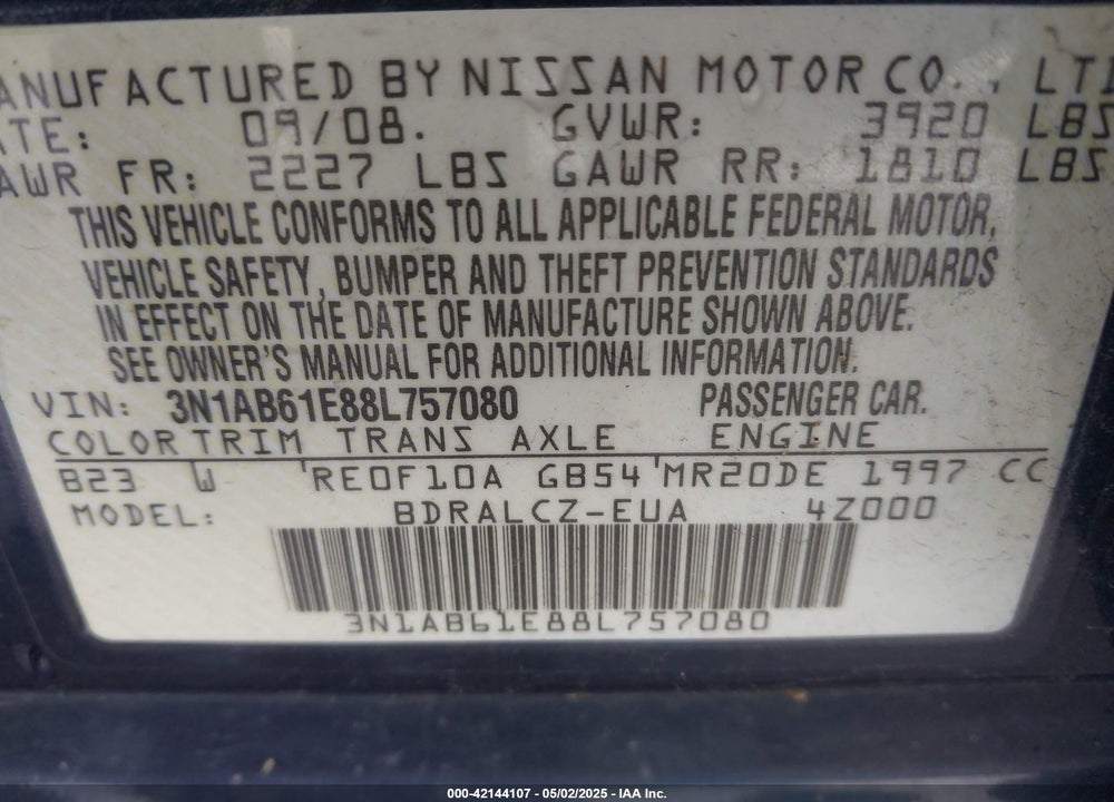 2008 NISSAN SENTRA 2.0 VIN: 3N1AB61E88L757080