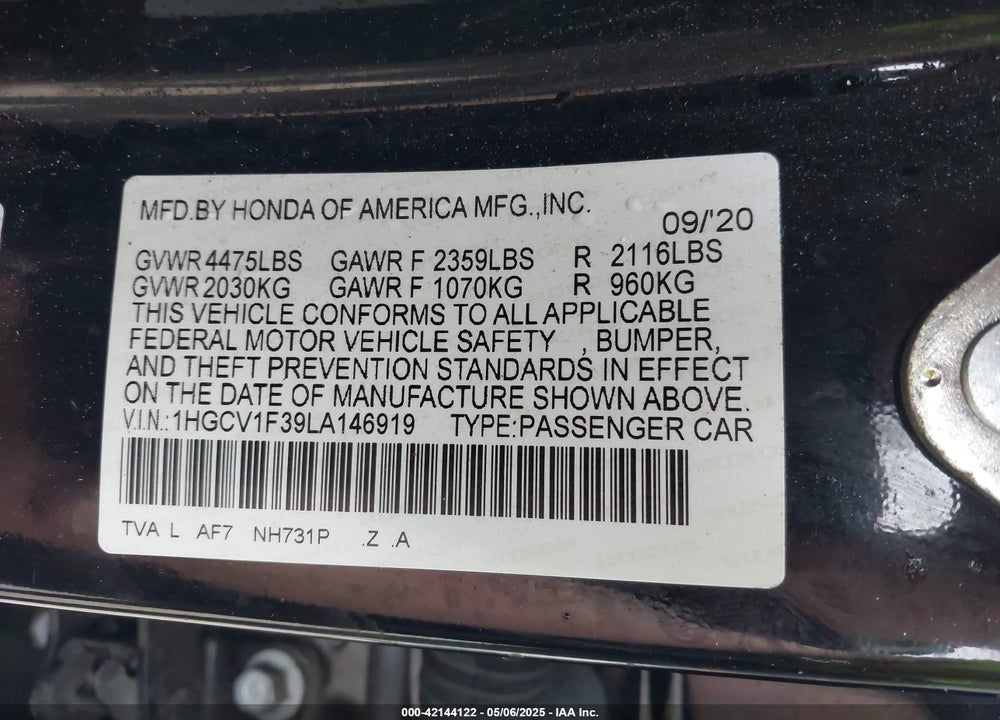 2020 HONDA ACCORD SPORT VIN: 1HGCV1F39LA146919