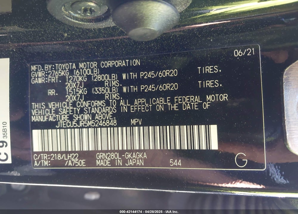 2021 TOYOTA 4RUNNER NIGHTSHADE SPECIAL EDITION VIN: JTECU5JR5M5246848