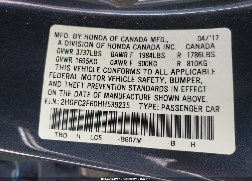 2017 HONDA CIVIC VIN: 2HGFC2F60HH539235