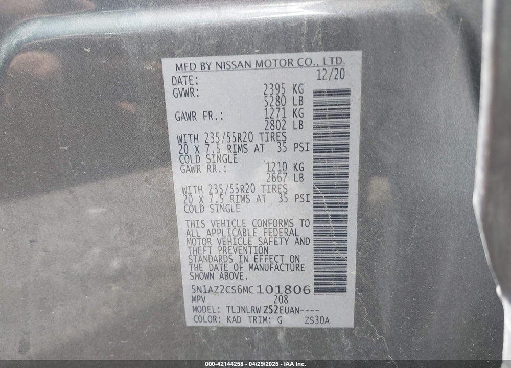 2021 NISSAN MURANO VIN: 5N1AZ2CS6MC101806