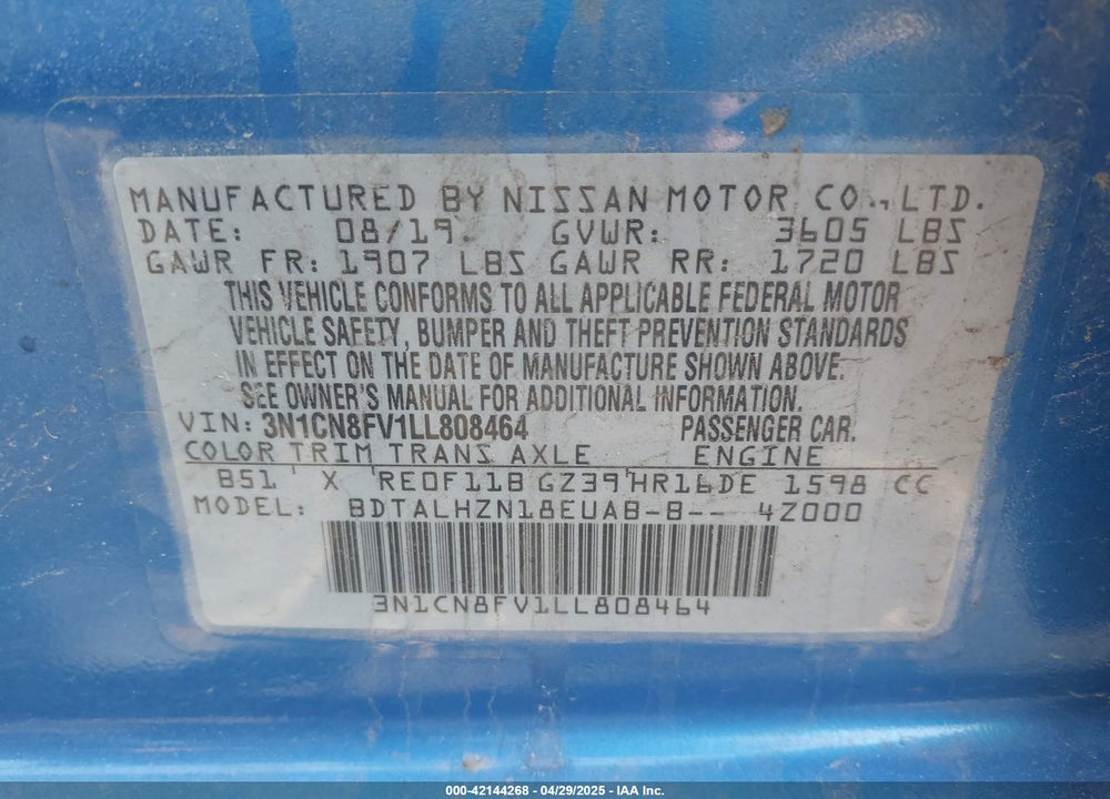 2020 NISSAN VERSA SR XTRONIC CVT VIN: 3N1CN8FV1LL808464