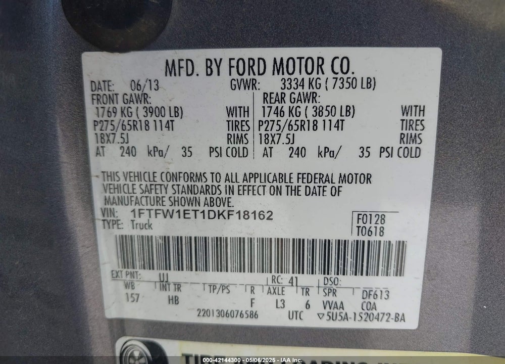 2013 FORD F-150 VIN: 1FTFW1ET1DKF18162