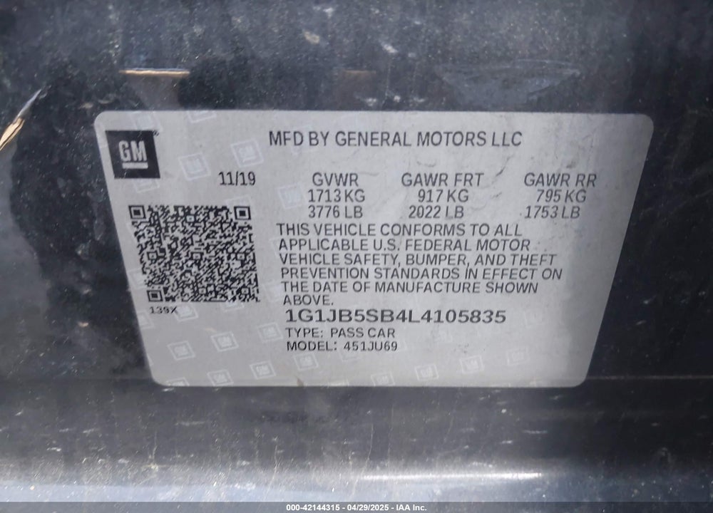 2020 CHEVROLET SONIC FWD  LS VIN: 1G1JB5SB4L4105835