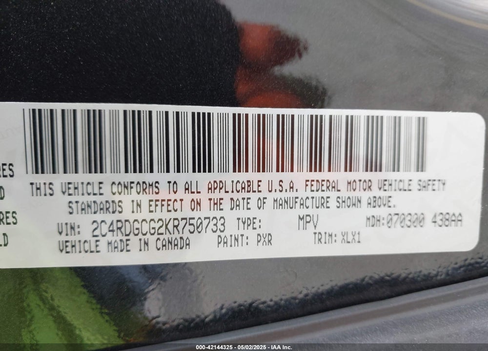 2019 DODGE GRAND CARAVAN VIN: 2C4RDGCG2KR750733