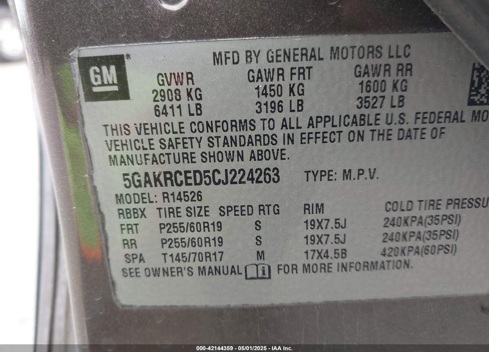 2012 BUICK ENCLAVE VIN: 5GAKRCED5CJ224263