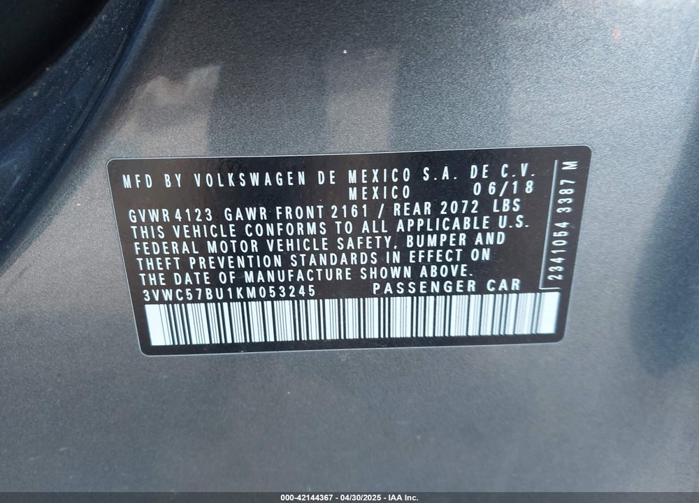 2019 VOLKSWAGEN JETTA VIN: 3VWC57BU1KM053245