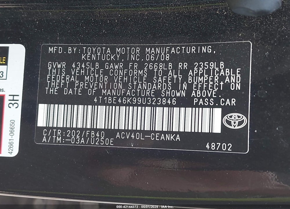 2009 TOYOTA CAMRY VIN: 4T1BE46K99U323846