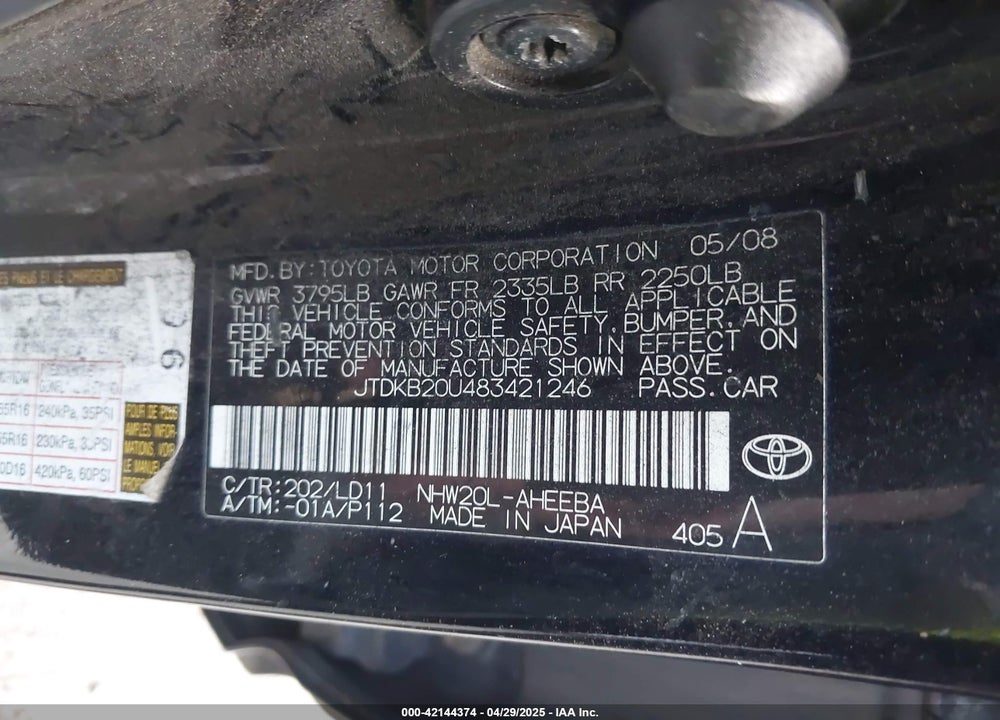 2008 TOYOTA PRIUS TOURING VIN: JTDKB20U483421246