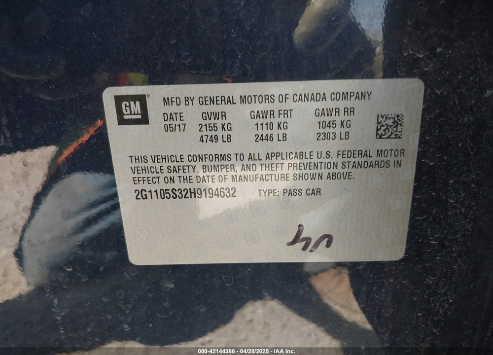 2017 CHEVROLET IMPALA 1LT VIN: 2G1105S32H9194632