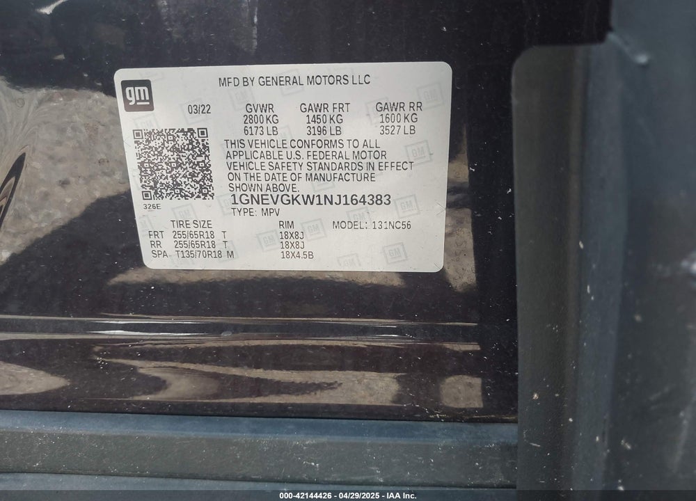2022 CHEVROLET TRAVERSE VIN: 1GNEVGKW1NJ164383