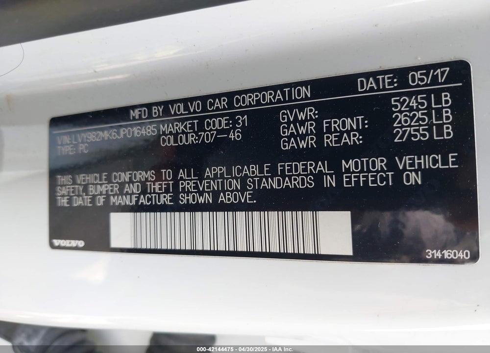 2018 VOLVO S90 VIN: LVY982MK6JP016485