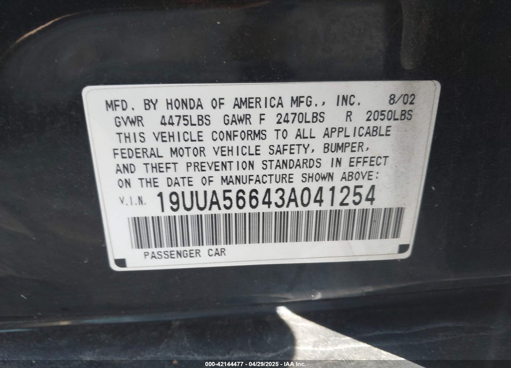 2003 ACURA TL 3.2 VIN: 19UUA56643A041254