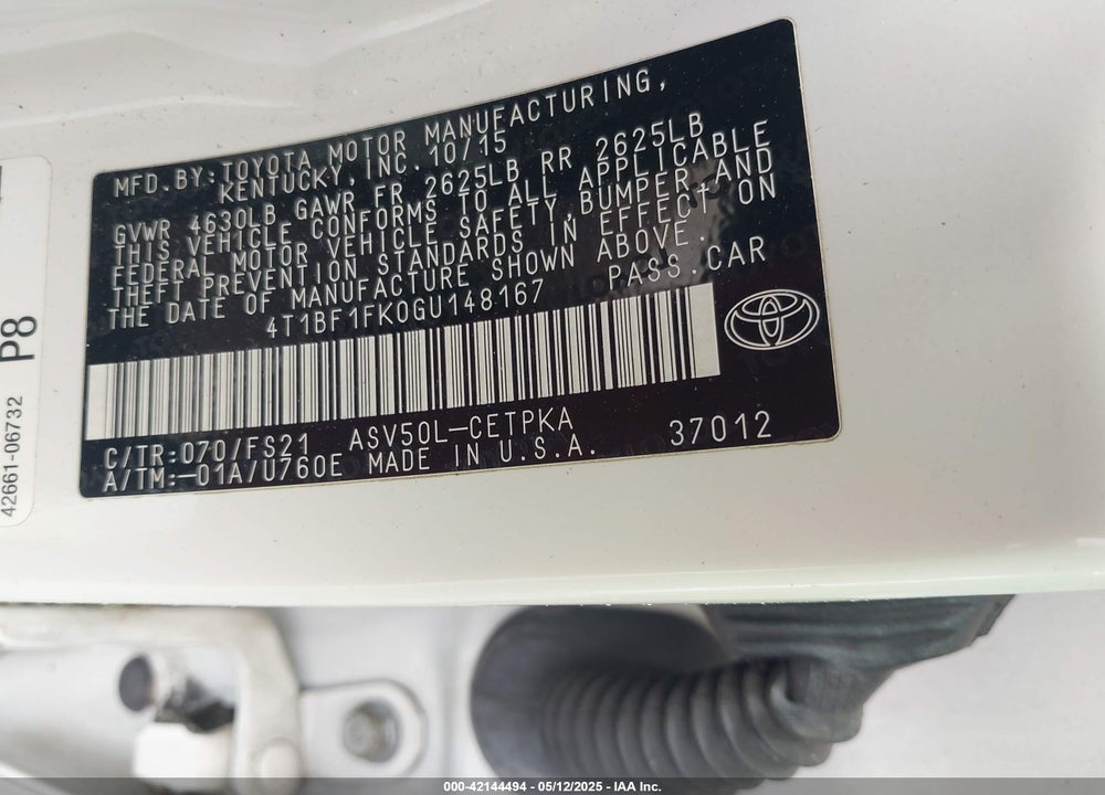 2016 TOYOTA CAMRY VIN: 4T1BF1FK0GU148167