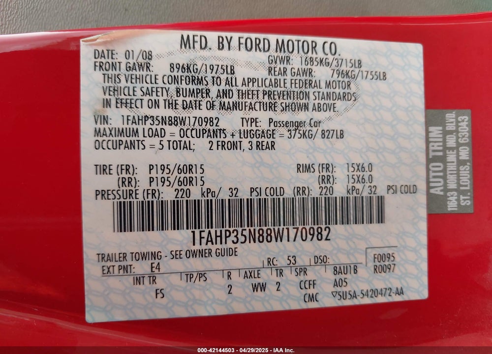 2008 FORD FOCUS VIN: 1FAHP35N88W170982