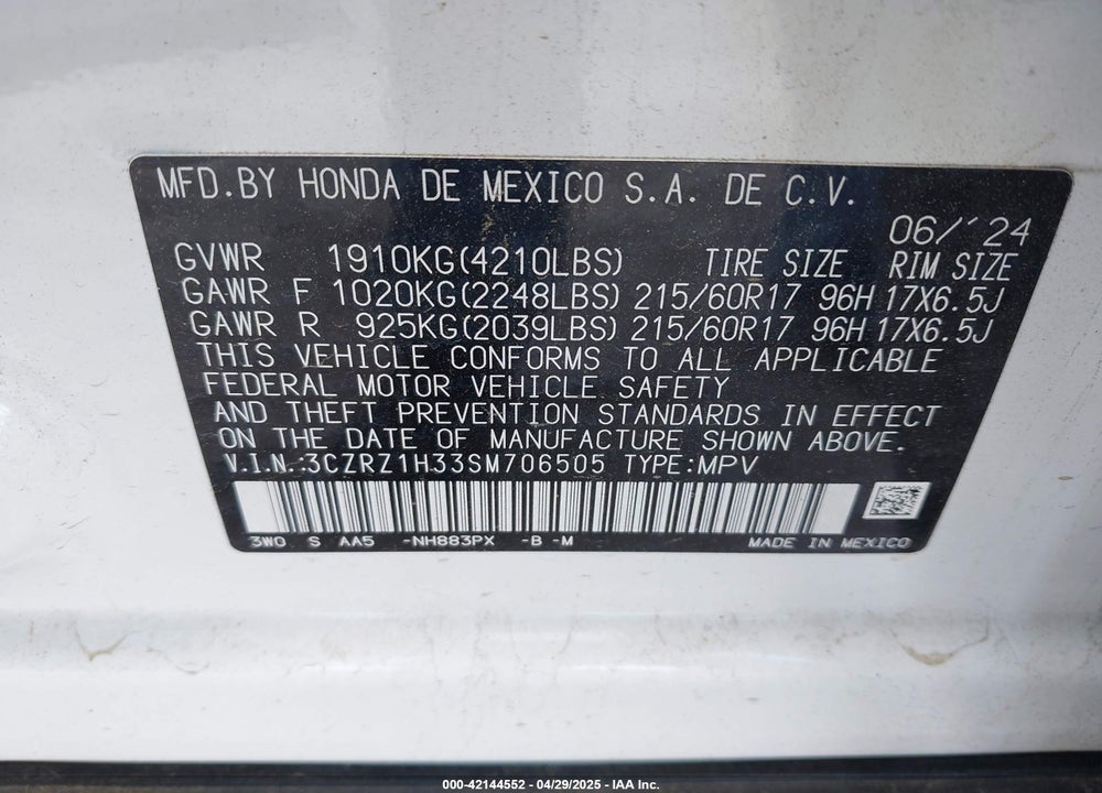 2025 HONDA HR-V VIN: 3CZRZ1H33SM706505