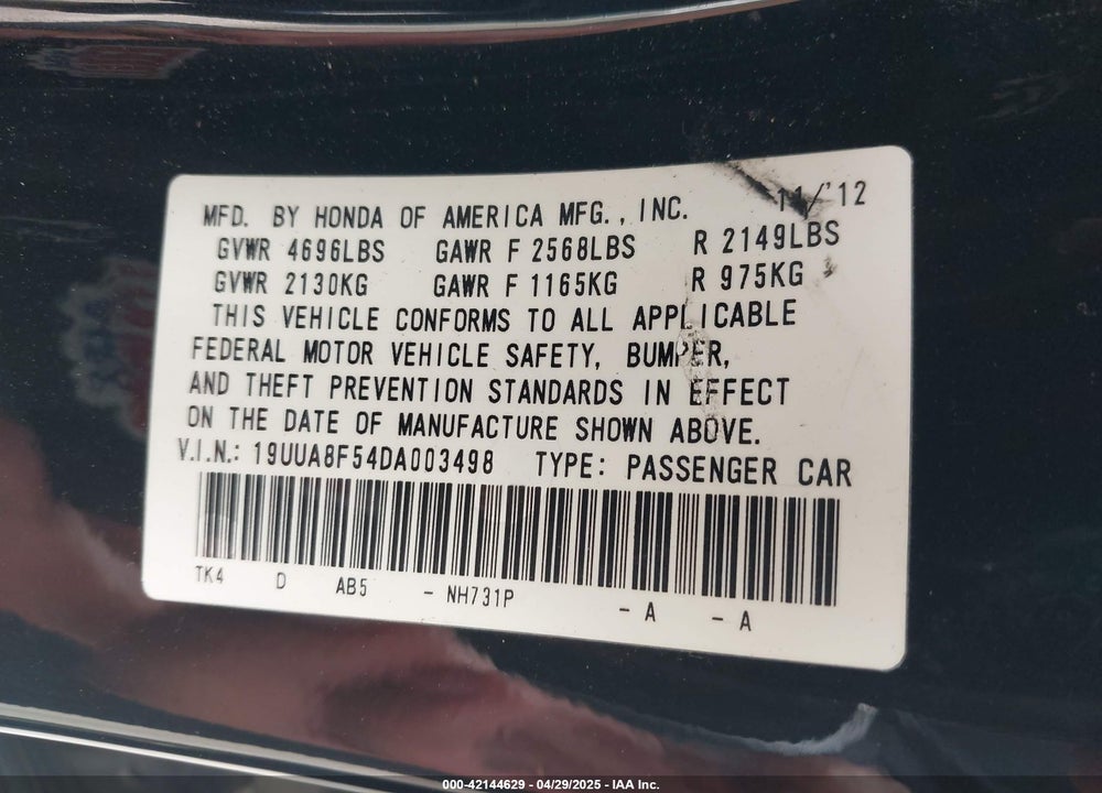 2013 ACURA TL TECH VIN: 19UUA8F54DA003498