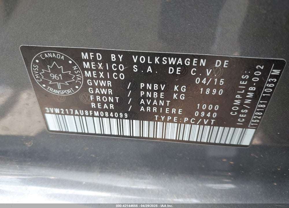 2015 VOLKSWAGEN GOLF VIN: 3VW217AU8FM084099