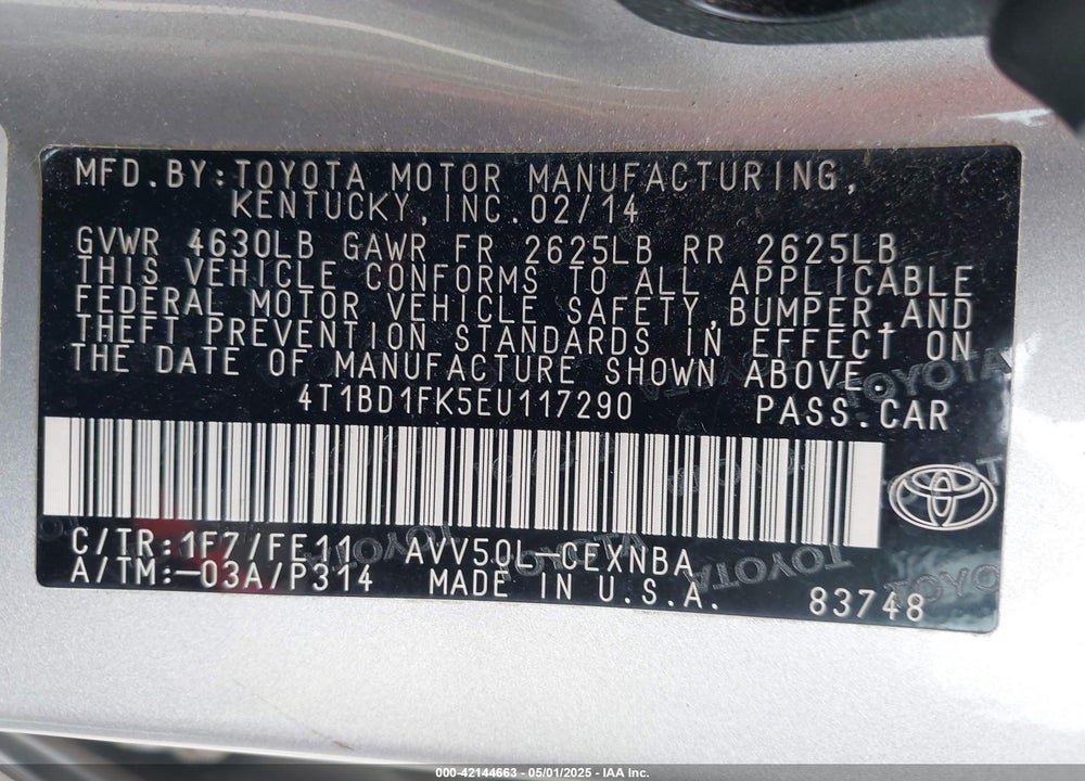 2014 TOYOTA CAMRY HYBRID VIN: 4T1BD1FK5EU117290