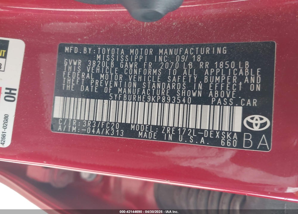 2019 TOYOTA COROLLA L/LE/XLE/SE/XSE VIN: 5YFBURHE9KP893540