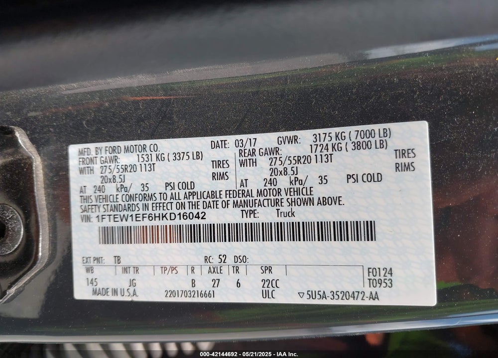 2017 FORD F-150 XL VIN: 1FTEW1EF6HKD16042