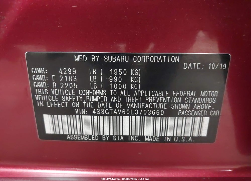 2020 SUBARU IMPREZA PREMIUM 5-DOOR VIN: 4S3GTAV60L3703660