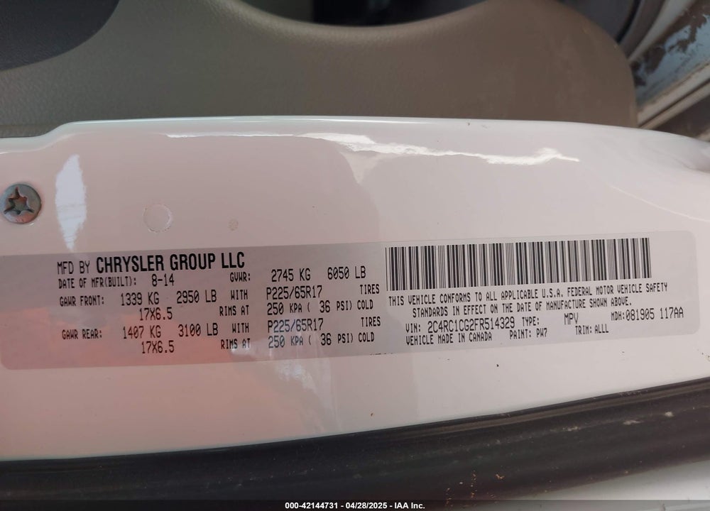 2015 CHRYSLER TOWN & COUNTRY TOURING-L VIN: 2C4RC1CG2FR514329